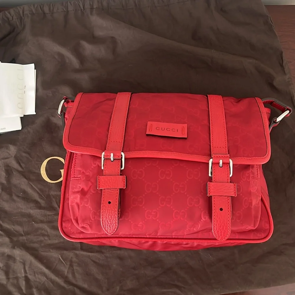 Gucci crossbody bag Guccissima Nylon Monogram Double Buckle Flap Vibrant Red - Picture 5 of 12